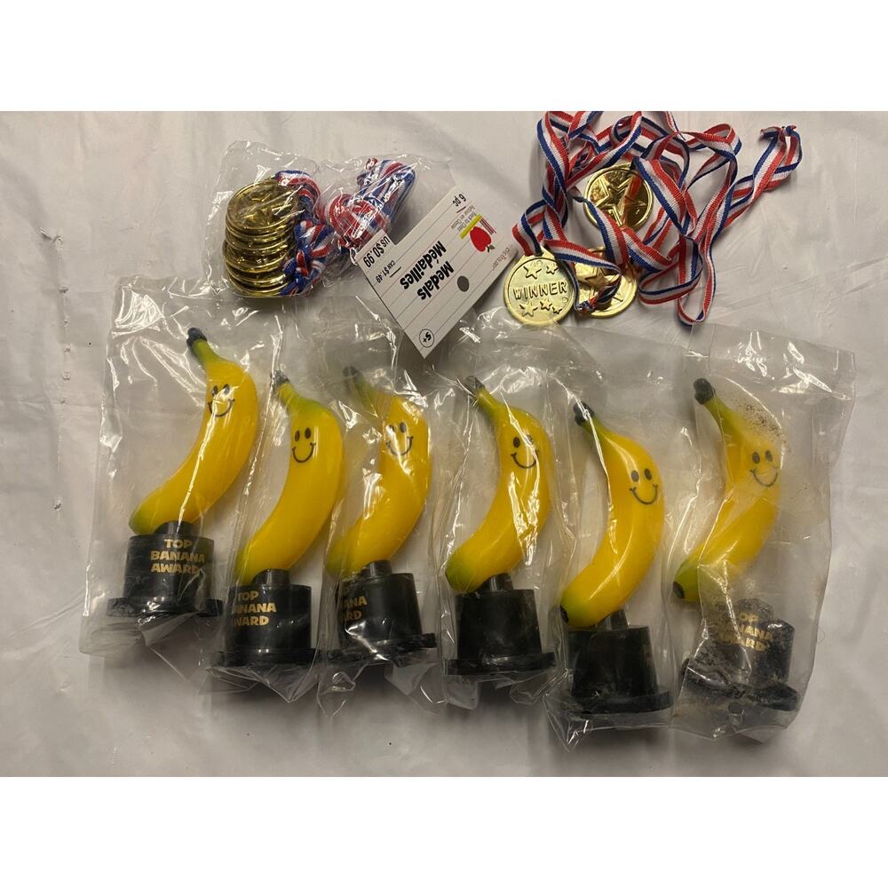 6 Pack - Top Banana Award Trophies Plastic. 5 3/4" & 9 Medals Necklaces